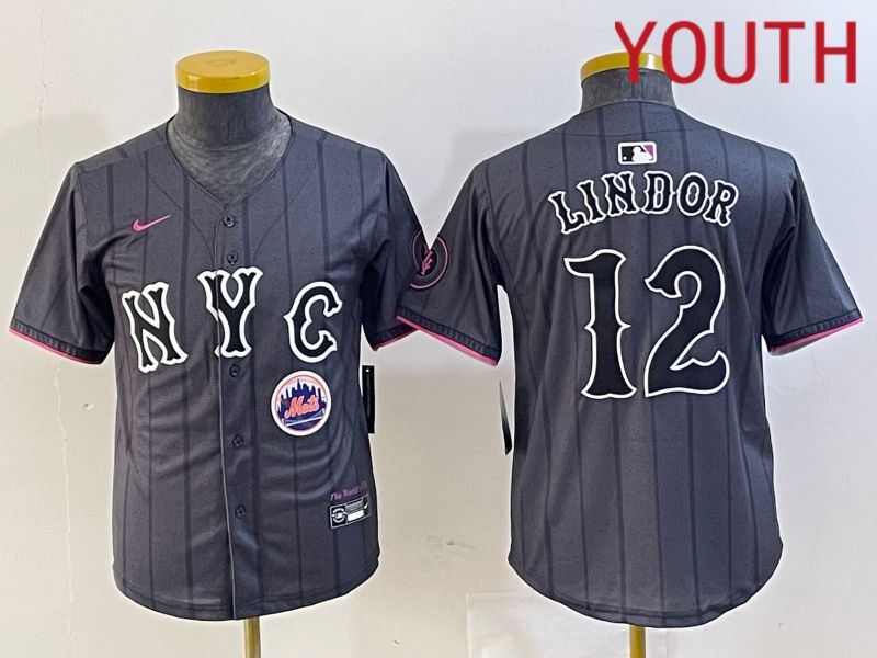 Youth New York Mets 12 Lindor Black City Edition 2024 Nike MLB Jersey style 5